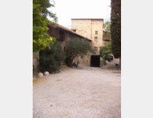 Cortile rurale in ghiaia tra edifici in pietra intonacata con tetti in tegole, con un passaggio ad arco scuro e finestre rettangolari sulla facciata. Alberi e cespugli fiancheggiano il percorso, con un alto cipresso sul lato destro.