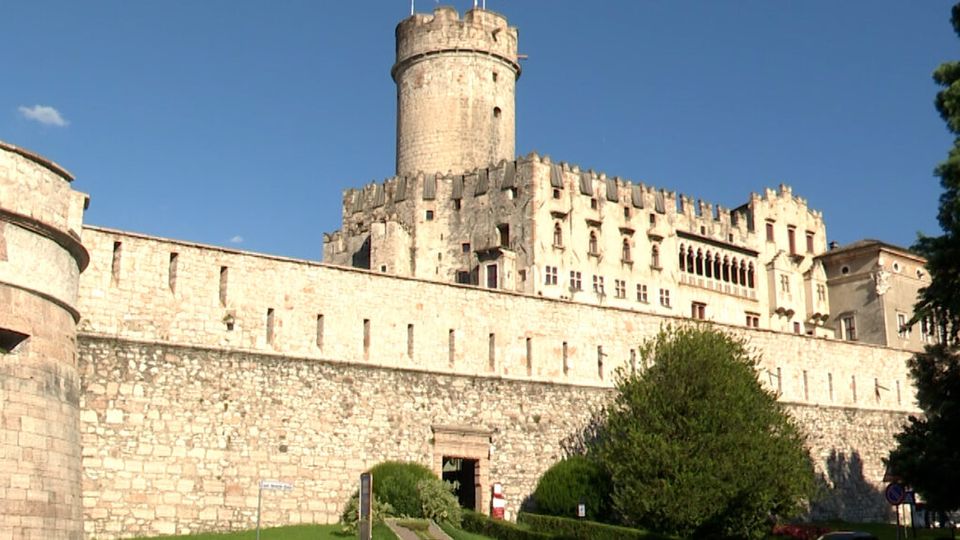 Castello in pietra con alte mura merlate e torrione cilindrico centrale, affiancato da edifici storici con finestre ad arco. In primo piano si vedono il bastione curvo, un prato con cespugli e alberi, sotto un cielo sereno.