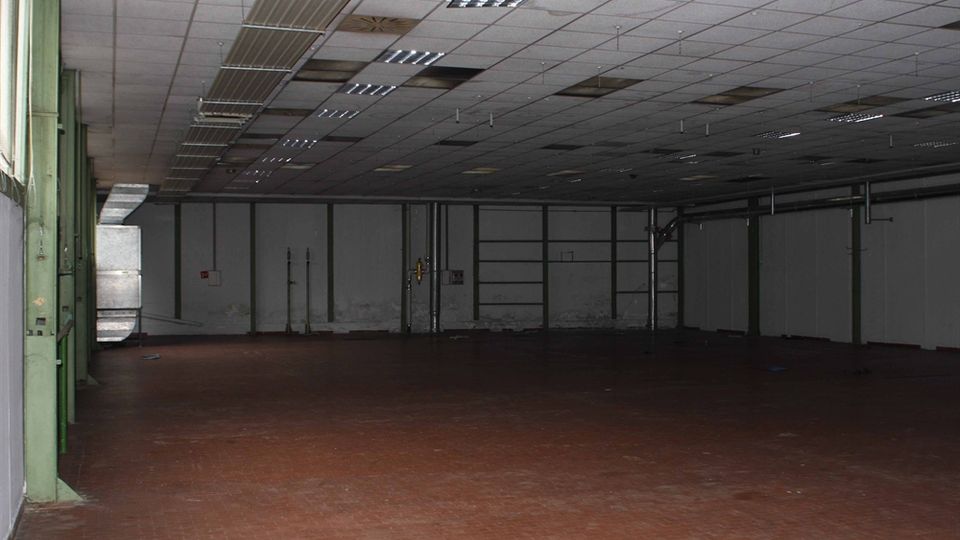 Ampio capannone industriale interno quasi vuoto, con pavimento in mattoni rossi e soffitto a pannelli con numerose lampade fluorescenti. Lungo le pareti si vedono colonne metalliche, tubazioni e grandi condotti di aerazione.