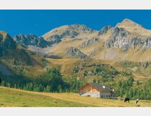 Baita alpina in legno e muratura su un prato in pendenza, con un bosco di conifere sullo sfondo. Dietro si alzano alte montagne rocciose con creste e pendii erbosi sotto un cielo azzurro limpido.